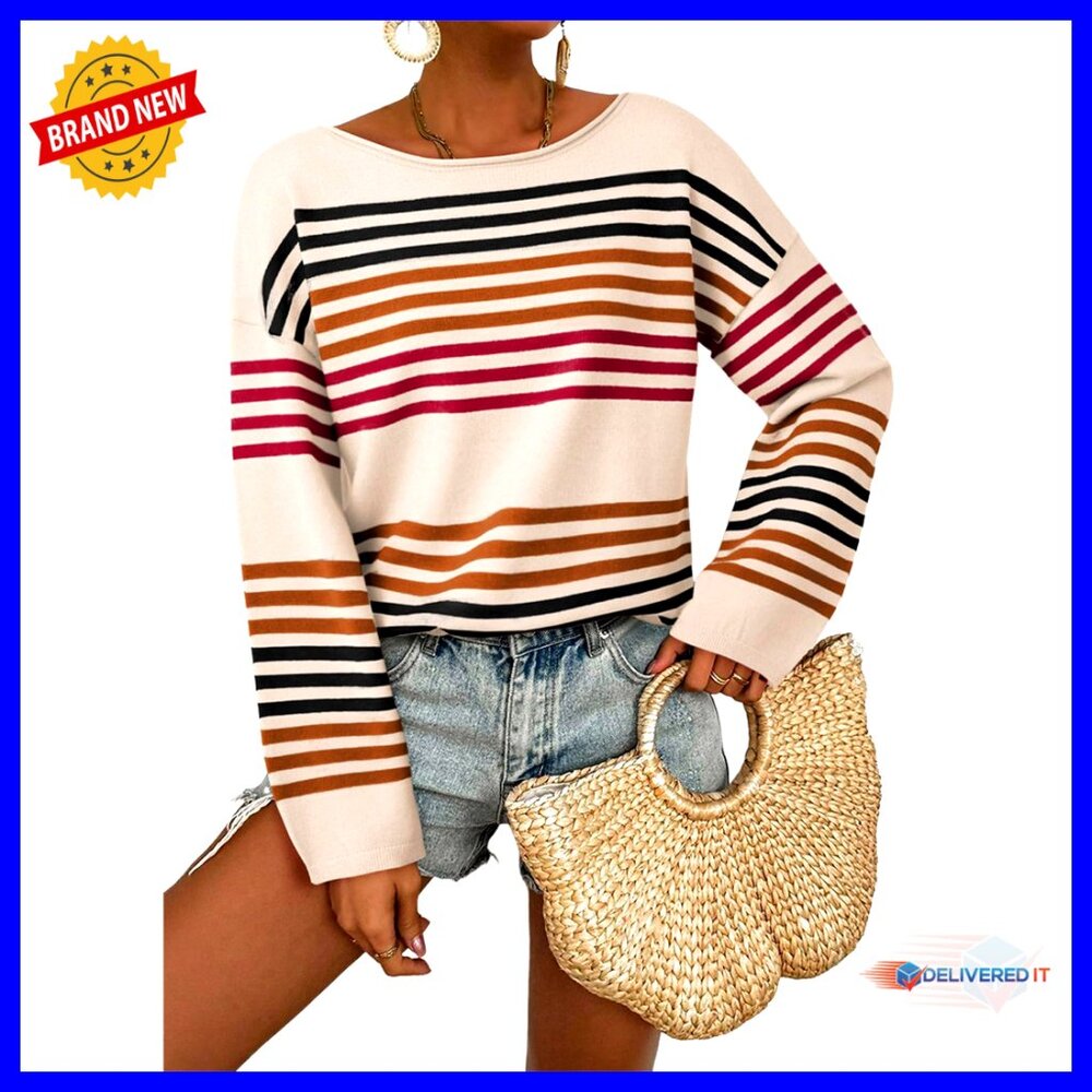 Striped Oversized Pullover Sweater Loose Fit Knit Top Chic Casual Trendy